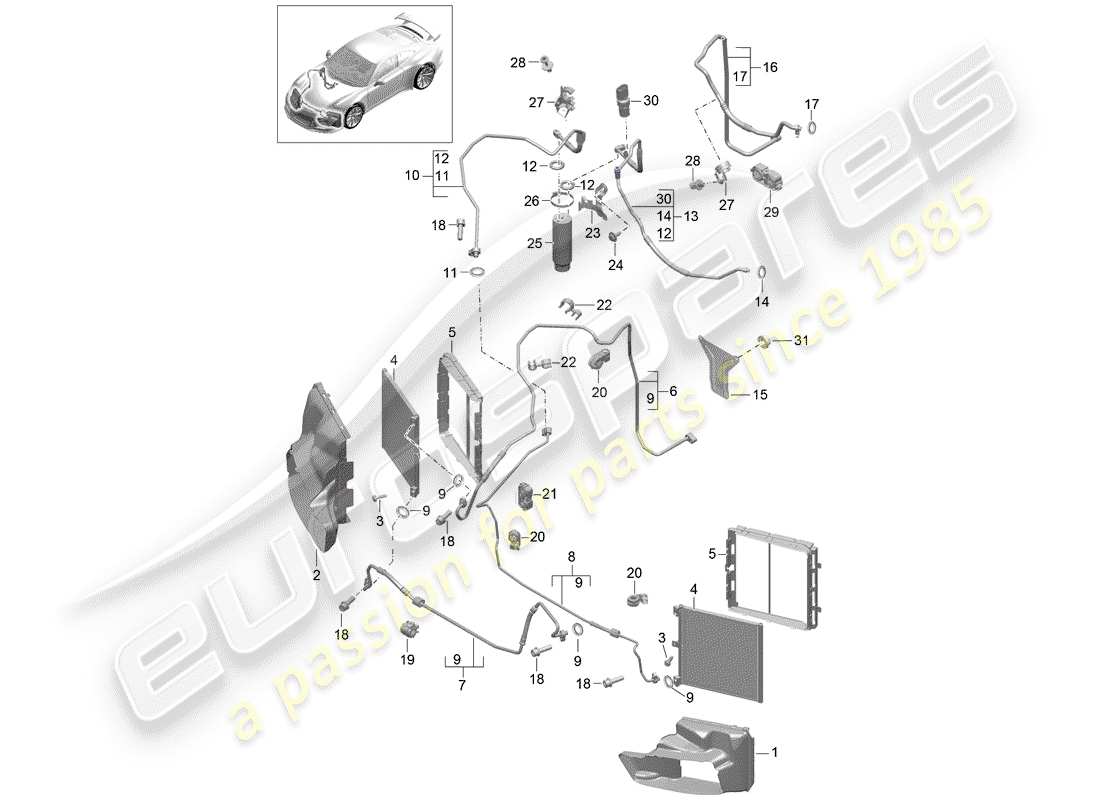 porsche 991r/gt3/rs (2014) refrigerant circuit part diagram