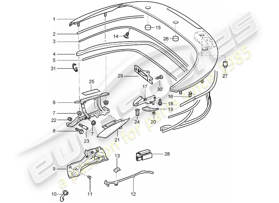 porsche 2005 (996) top stowage box - cover - gaskets part diagram