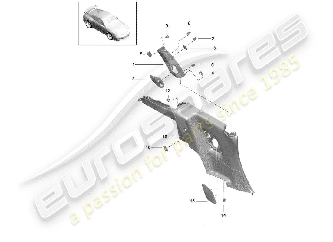 porsche 2014 (991-1 r/gt3/rs) quarter trim panel part diagram
