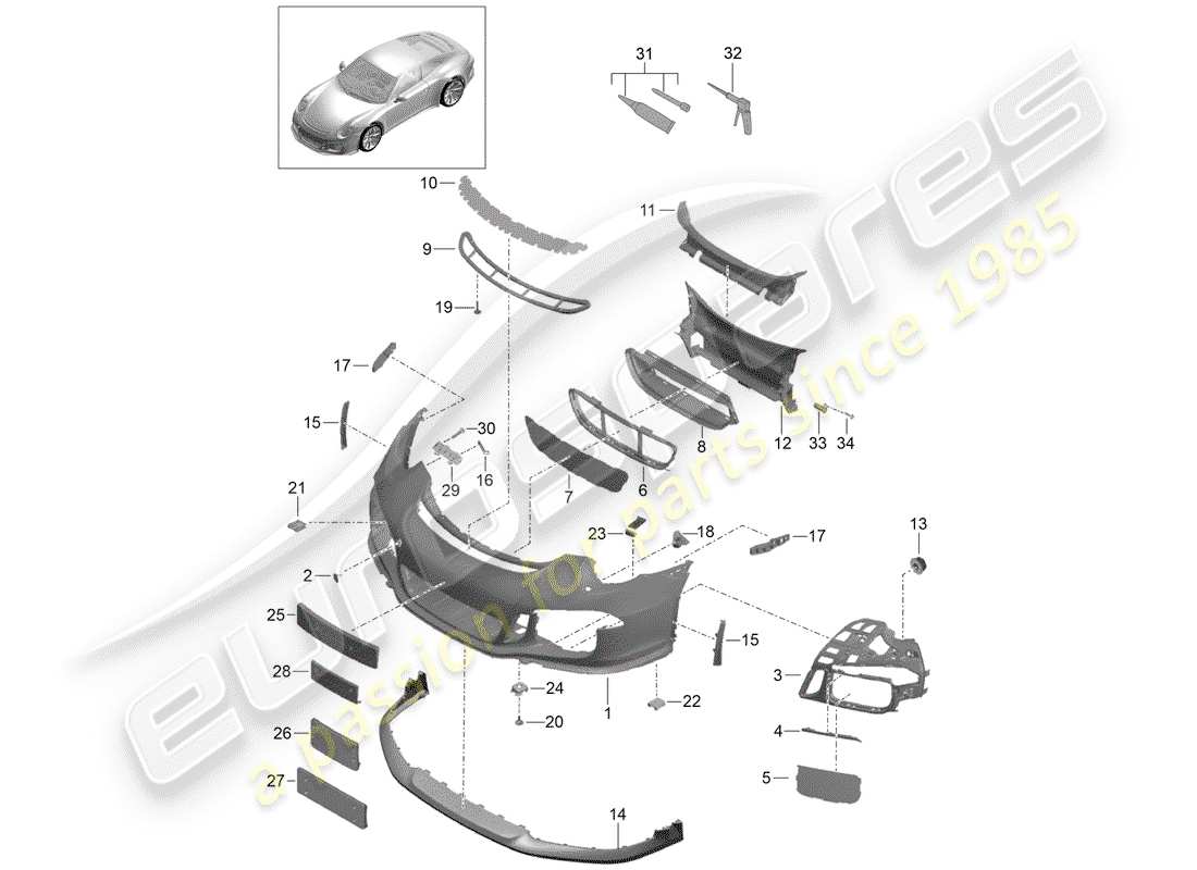 porsche 2014 (991-1 r/gt3/rs) bumper part diagram