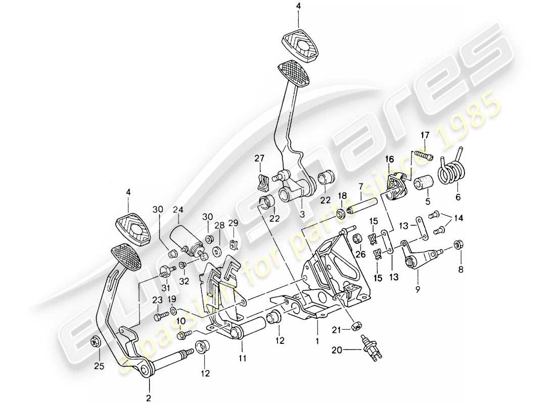 porsche 1990 (964) pedals - manual gearbox part diagram