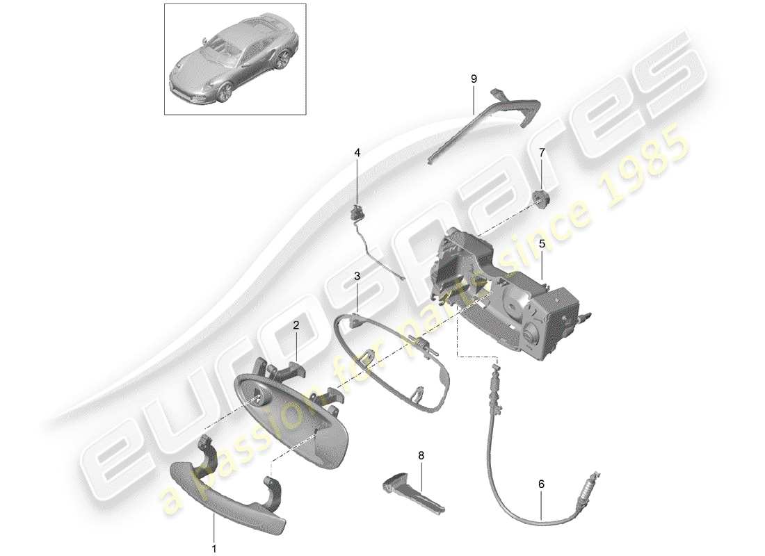porsche 991 turbo (2014) door handle, outer parts diagram