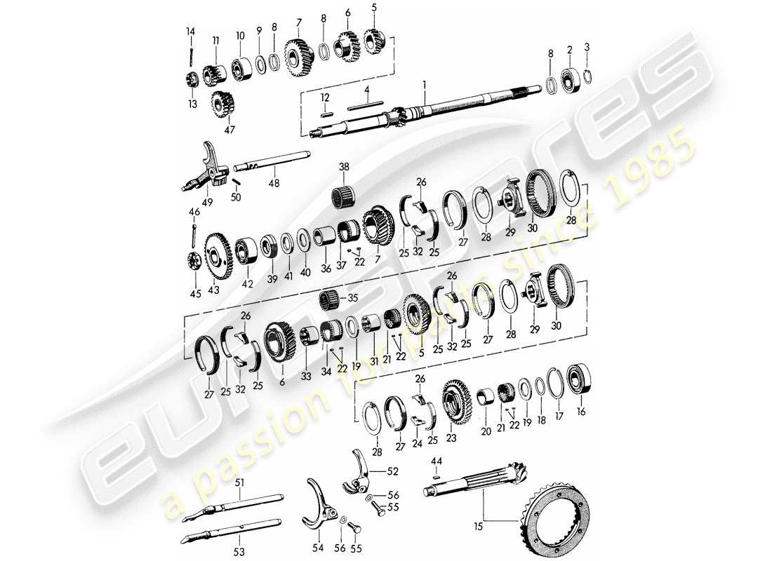 porsche 1961 (356b/356c) speed - transmission - gears and shafts part diagram