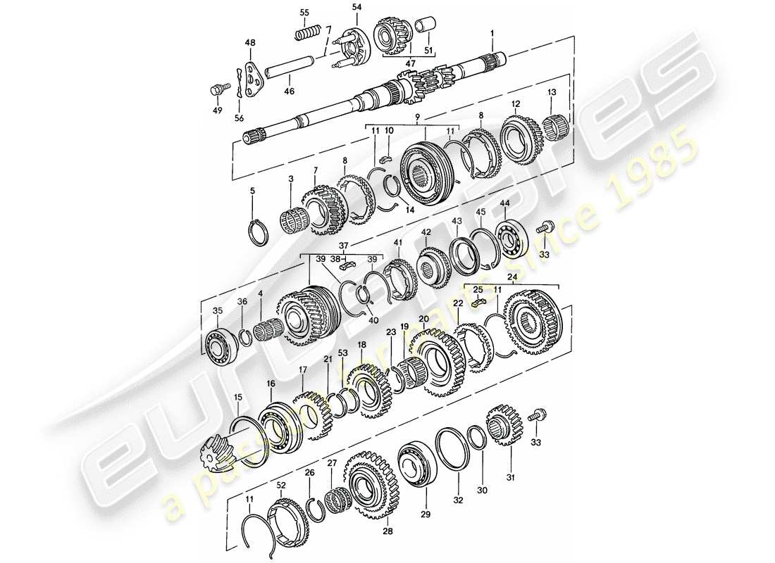 porsche 1987 (924s) gears and shafts - manual gearbox part diagram