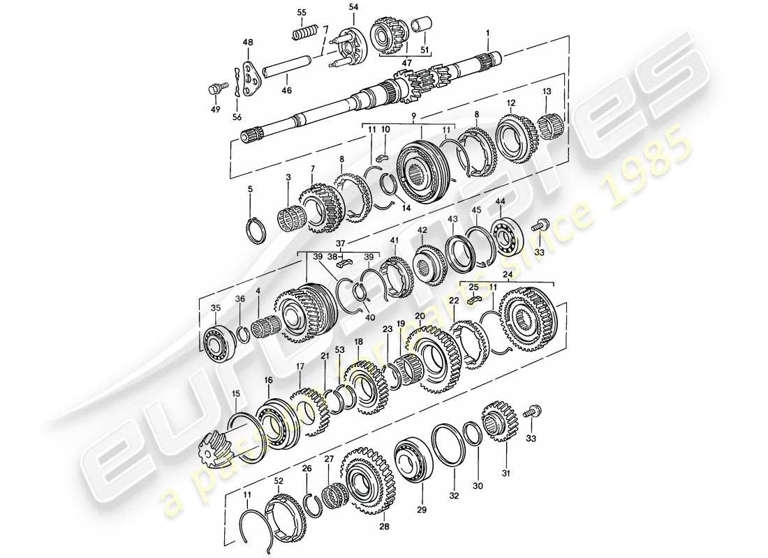 porsche 924s (1986) gears and shafts - manual gearbox part diagram