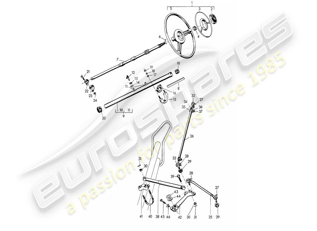 porsche 356/356a (1958) steering wheel - intermediate steering shaft - steering track rod - and - swing lever part diagram