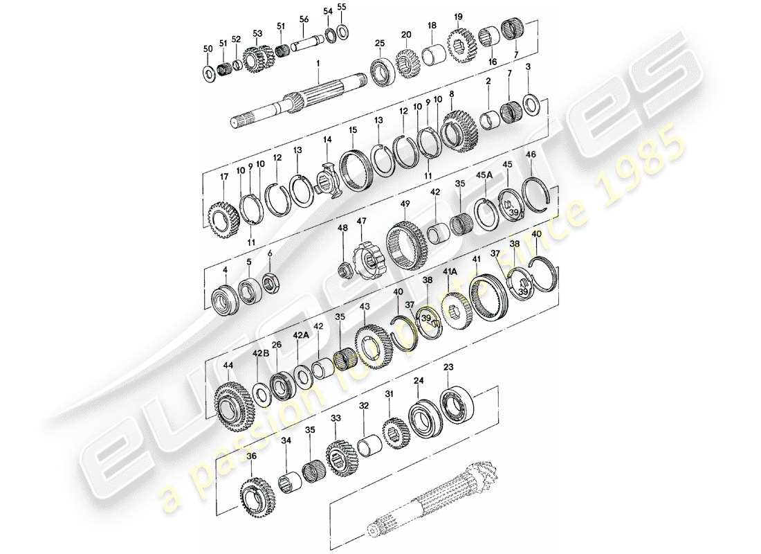 porsche 1982 (924) gears and shafts - manual gearbox - g31.01/02/03 part diagram