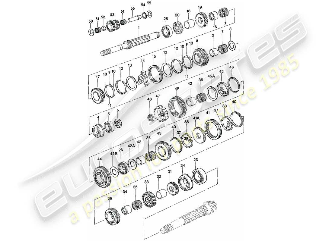 porsche 924 (1982) gears and shafts - manual gearbox - g31.01/02/03 part diagram
