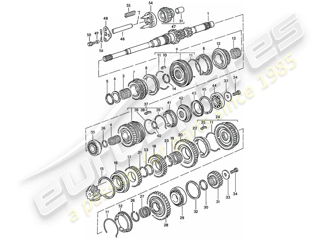 porsche 944 (1984) gears and shafts - manual gearbox part diagram