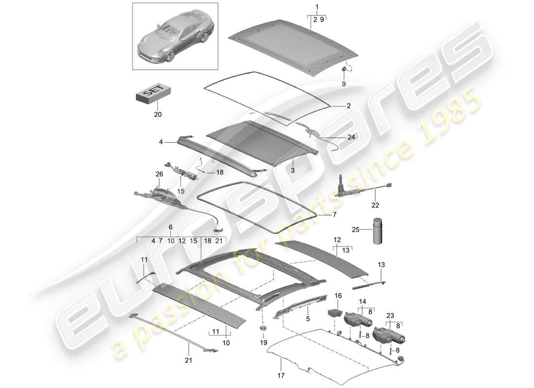 porsche 2019 (991-2 turbo) glass roof part diagram