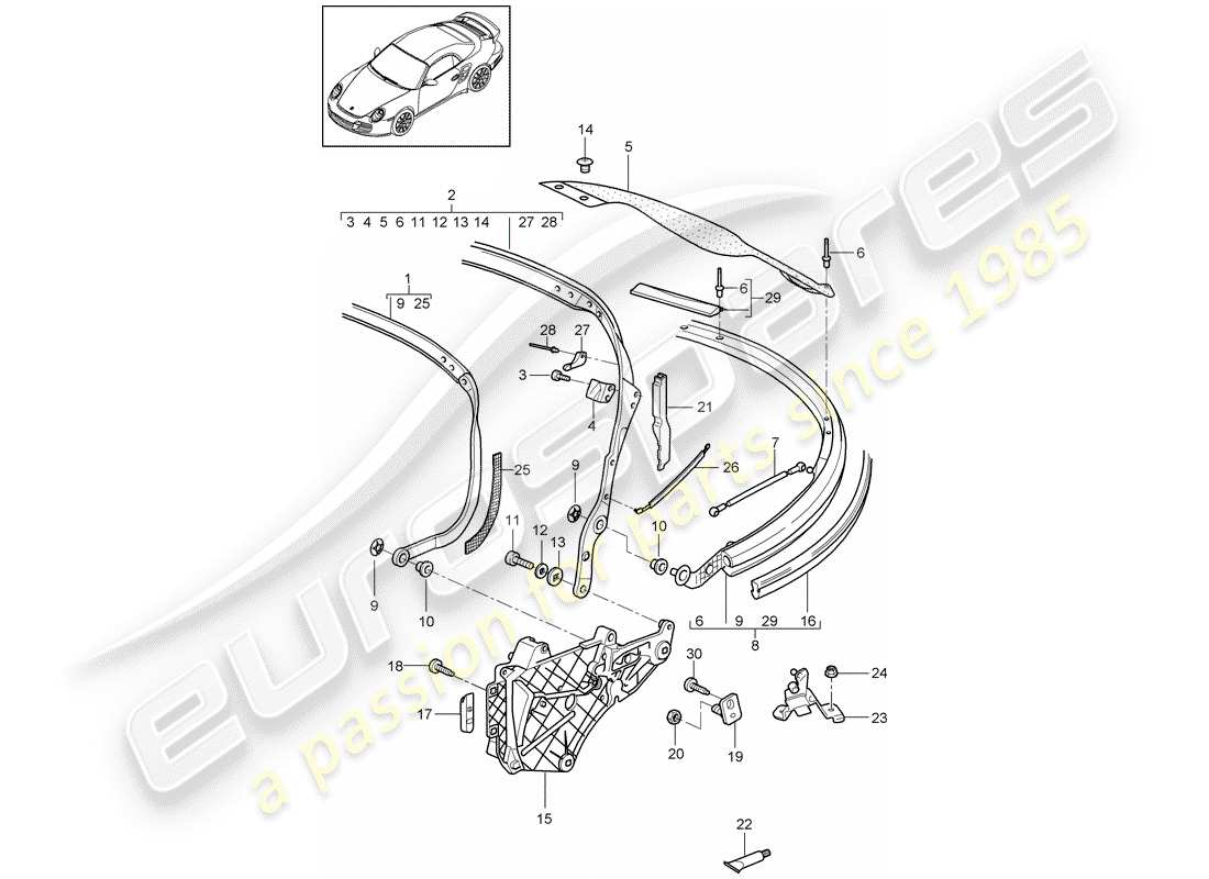 porsche 2011 (997-2 turbo / gt2 rs) top frame part diagram
