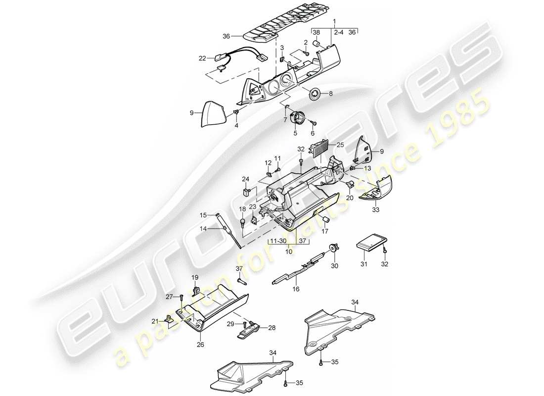 porsche 2007 (997-1) glove box part diagram