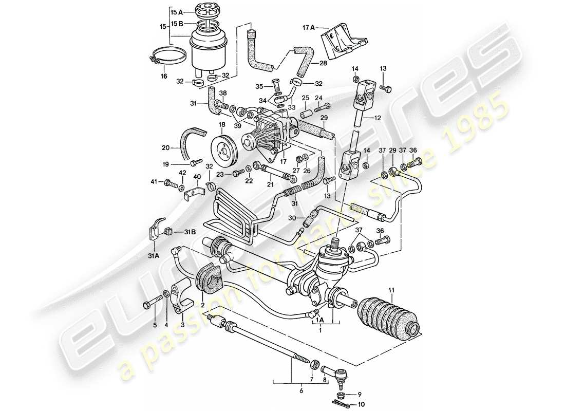 porsche 1986 (924s) power steering - steering gear - power steering pump - lines part diagram
