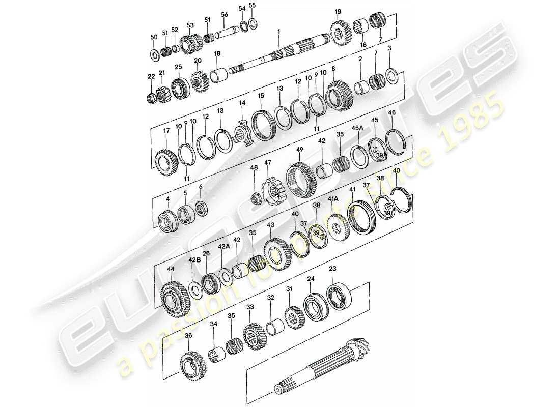 porsche 1976 (924) gears and shafts - 5-speed - transmission - gear wheel sets - 016 z part diagram