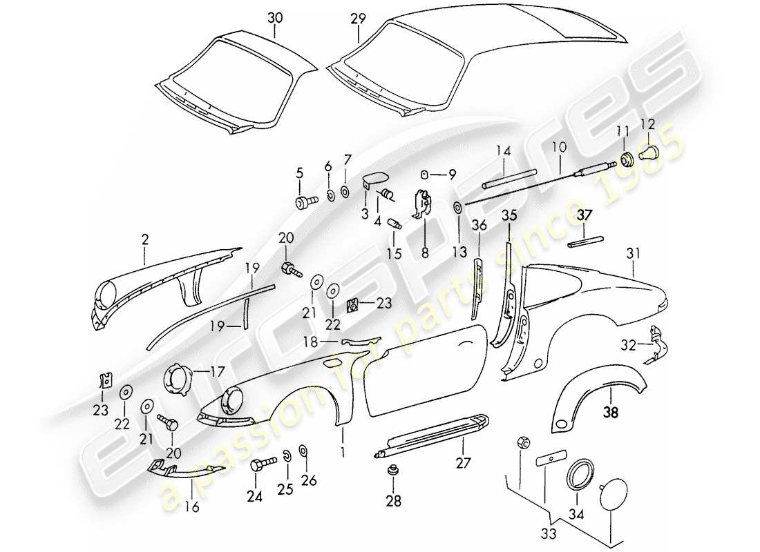 porsche 1972 (911) exterior panelling part diagram
