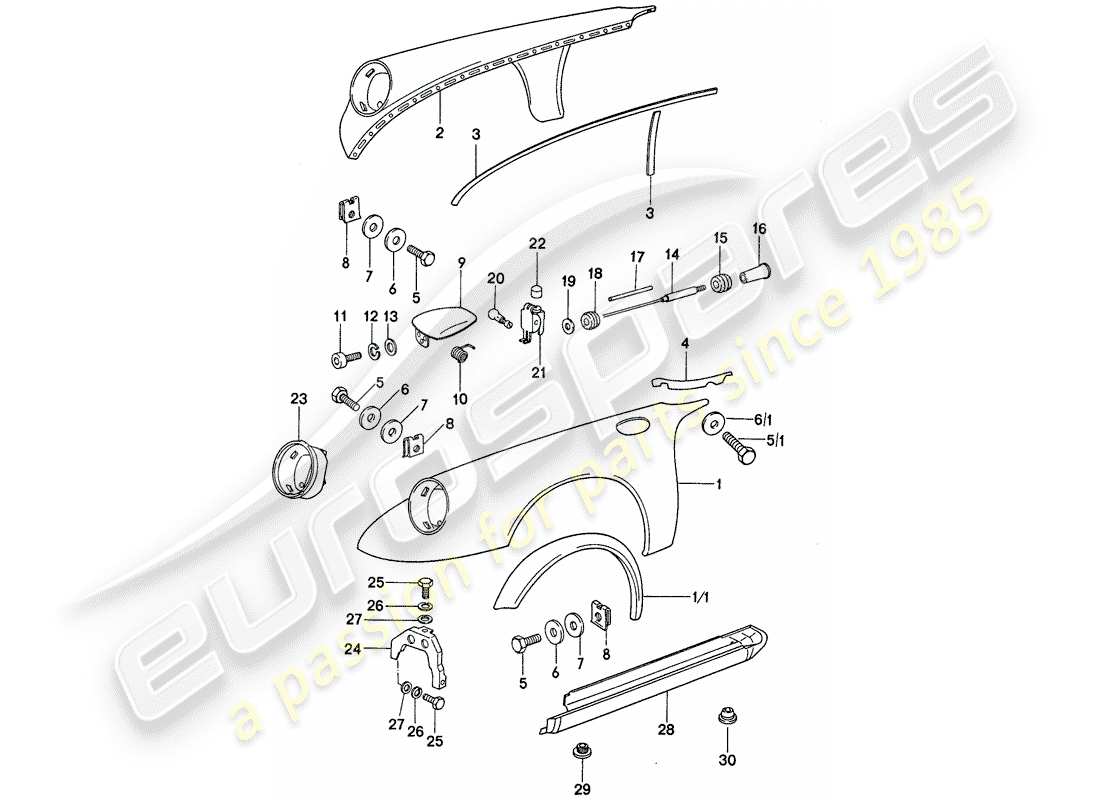 porsche 1975 (911) exterior panelling part diagram