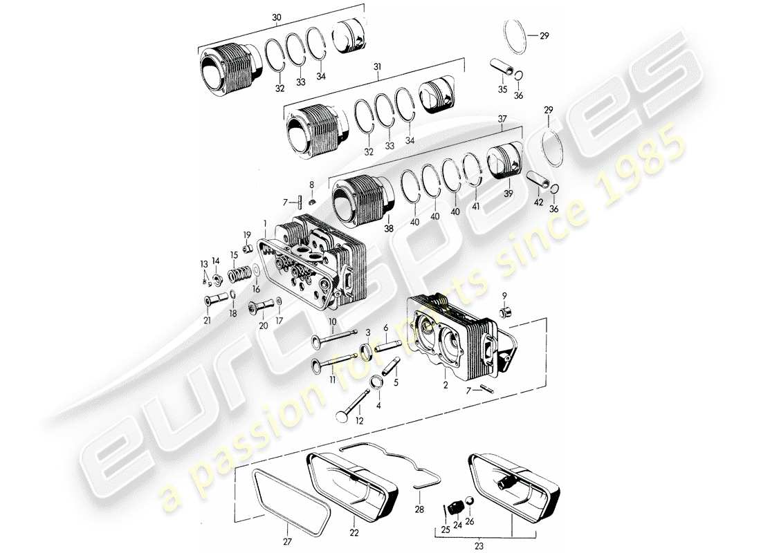 porsche 1952 (356/356a) cylinder head - cylinder with pistons - m 22 001 >> - m 50 101 >> - m 33 901 >> - m 41 001 >> - m 60 001 >> - m 80 001 >> part diagram