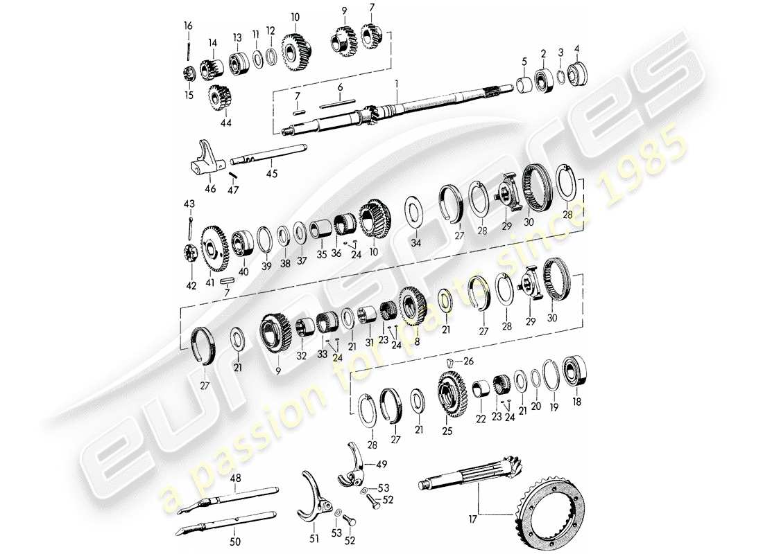 porsche 1955 (356/356a) gears and shafts - for - transmission part diagram