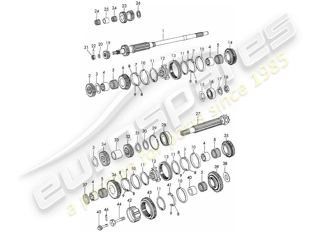 porsche 1969 (911/912) gears and shafts - 5-speed - transmission part diagram
