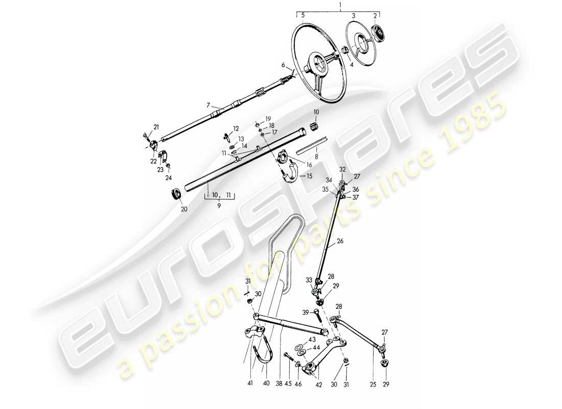 porsche 1955 (356/356a) steering wheel - intermediate steering shaft - steering track rod - and - swing lever part diagram