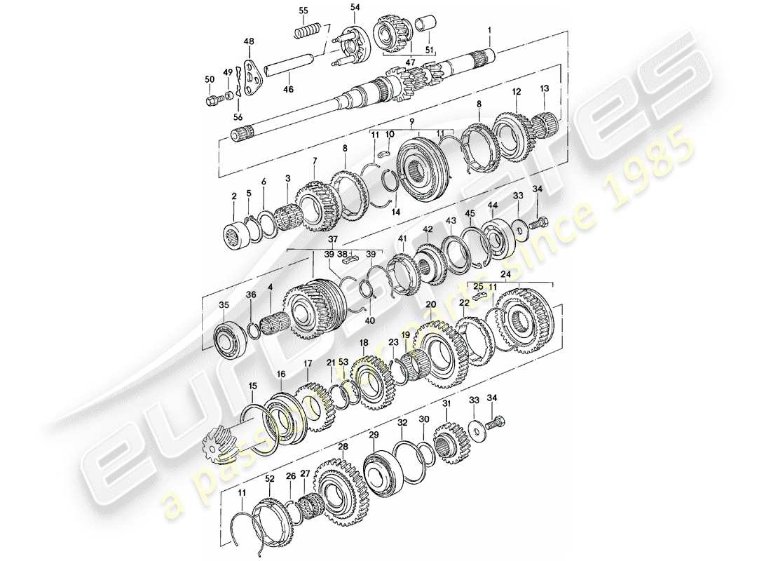 porsche 1980 (924) gears and shafts - manual gearbox - vq vr uv md - me mf mb mx - d - mj 1981>> part diagram
