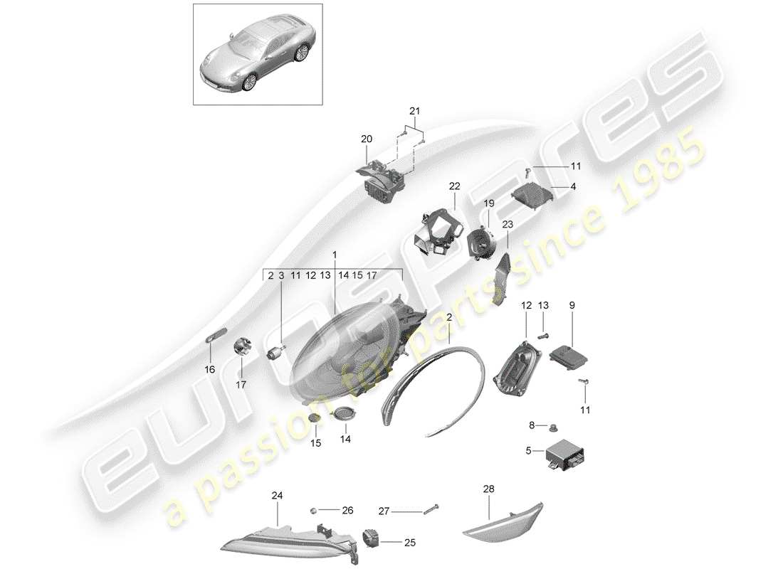 porsche 2020 (991-2) headlamp part diagram