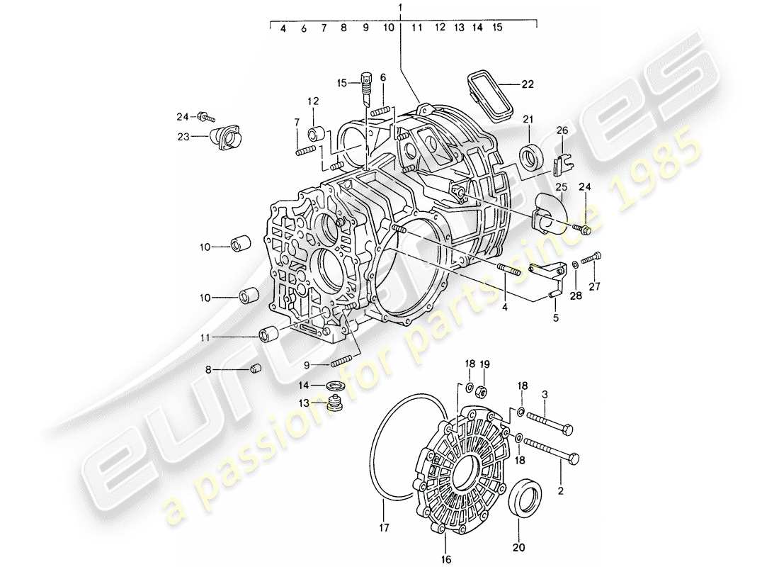porsche 1997 (993) replacement transmission - ready for installation - transmission case part diagram