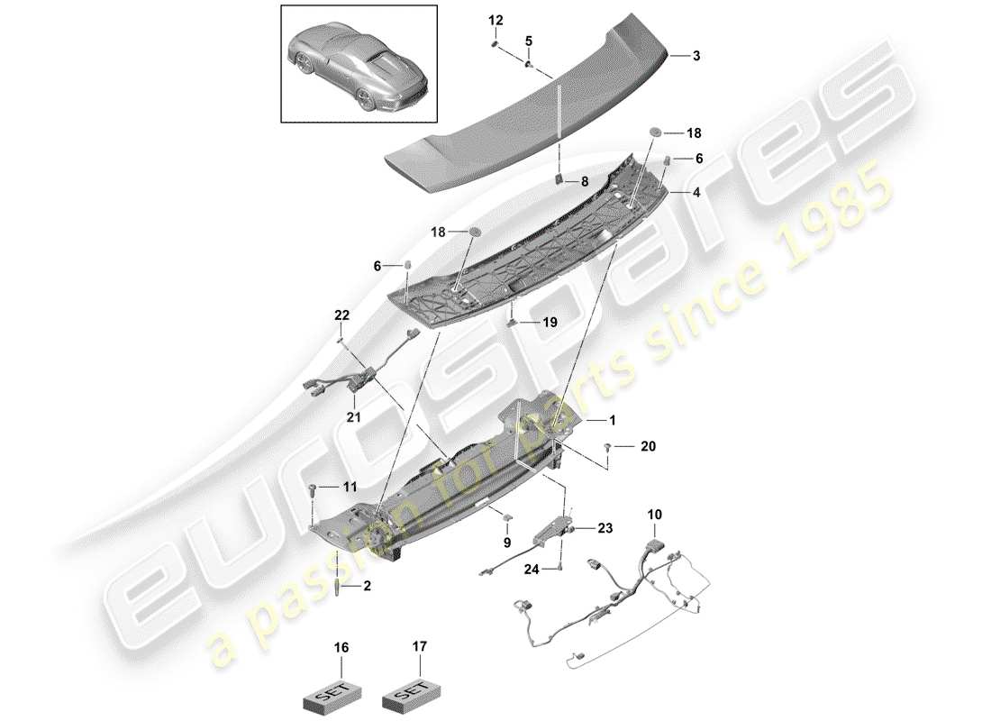 porsche 991r/gt3/rs (2014) rear spoiler parts diagram