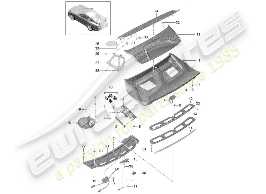 porsche 991r/gt3/rs (2016) rear spoiler parts diagram