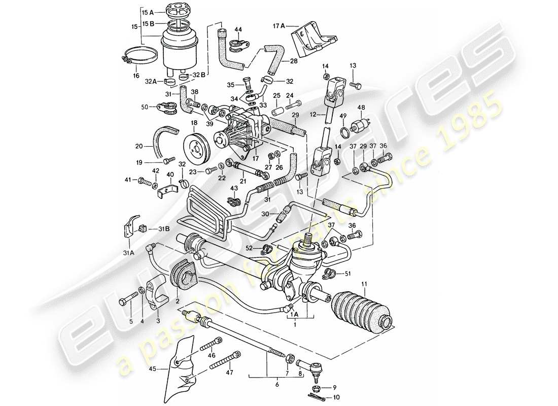 porsche 1986 (944) power steering - steering gear - power steering pump - lines part diagram