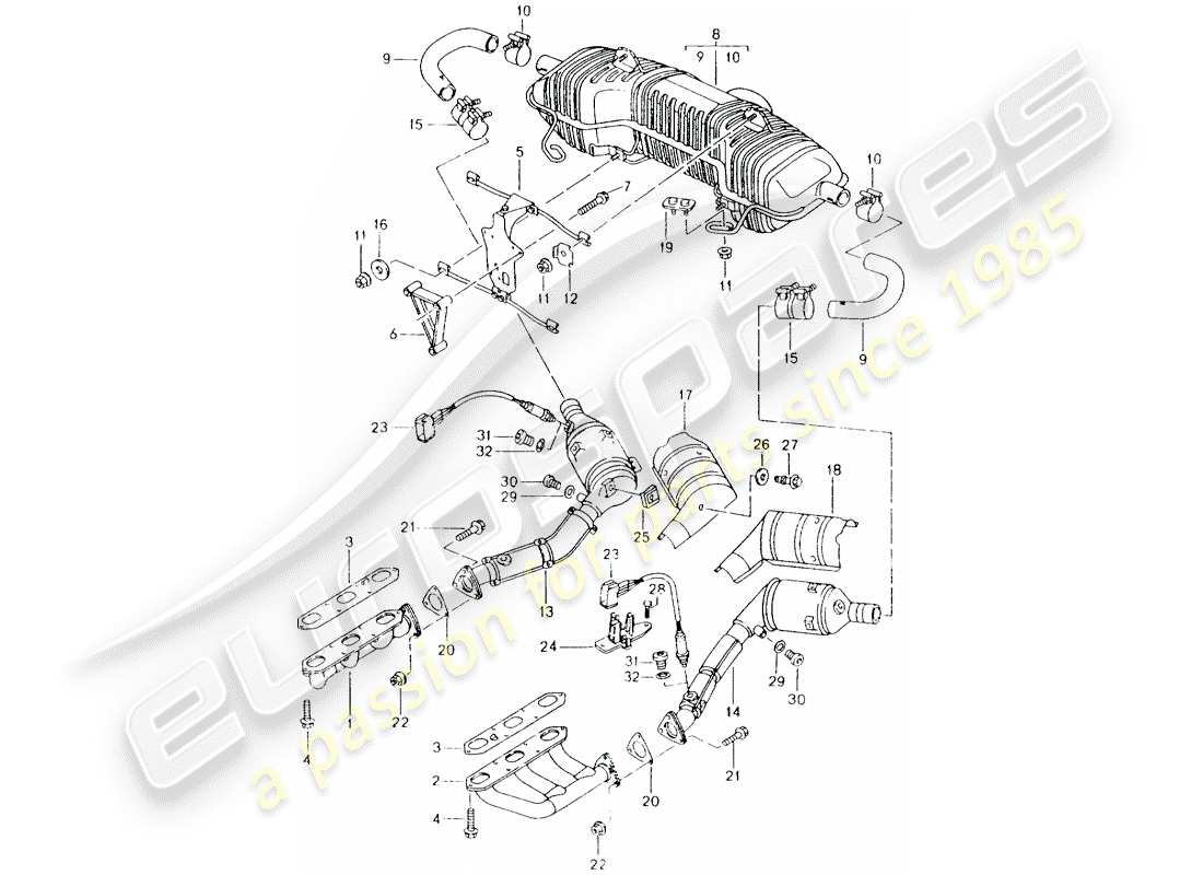 porsche 2001 (986 boxster) exhaust system - m 96.20 parts diagram