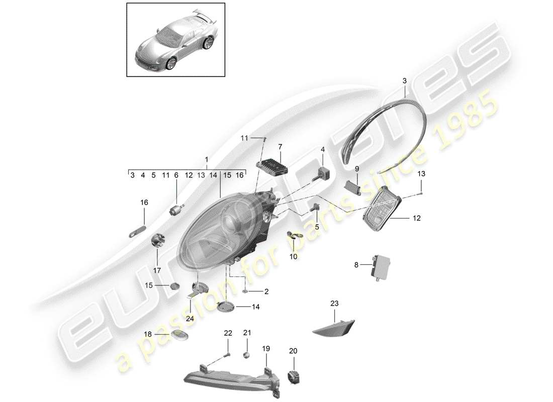 porsche 2015 (991-1 r/gt3/rs) headlamp part diagram