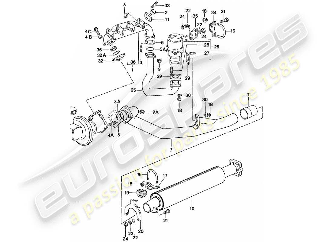 porsche 924 (1983) exhaust system - exhaust silencer, front part diagram