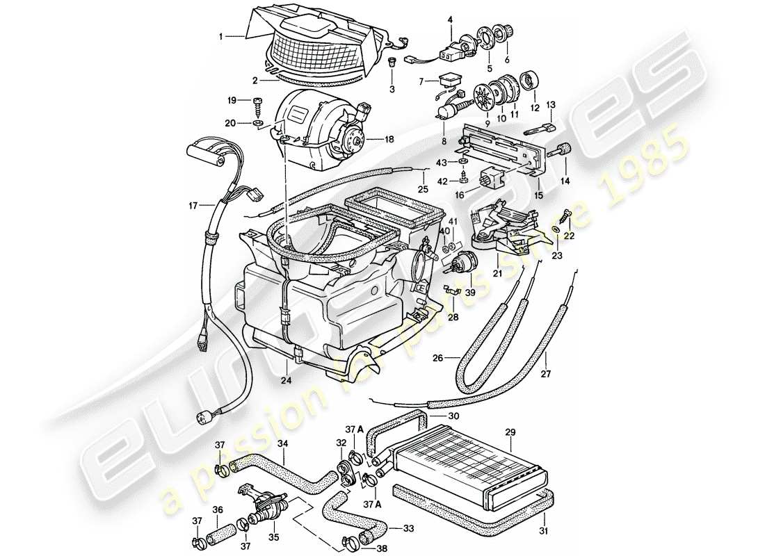 porsche 1982 (944) heater - ventilation - heater core part diagram