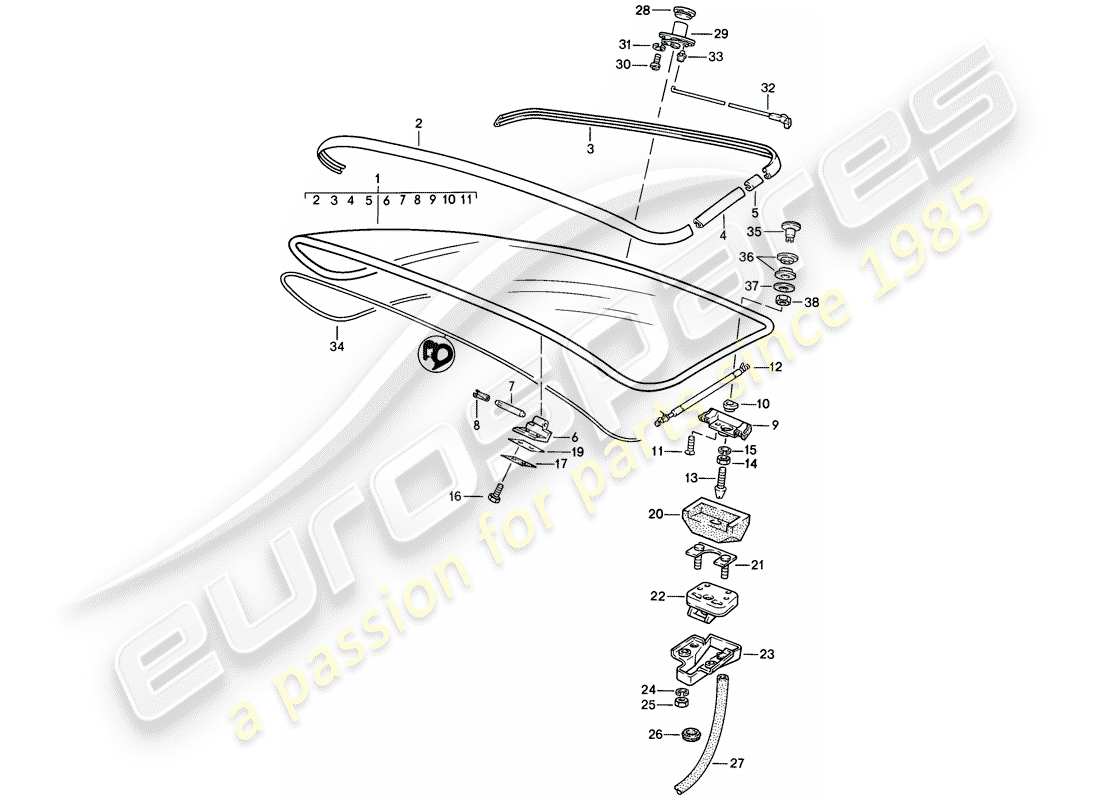 porsche 1982 (944) rear trunk lid - with: - rear window glass - without: - rear spoiler part diagram