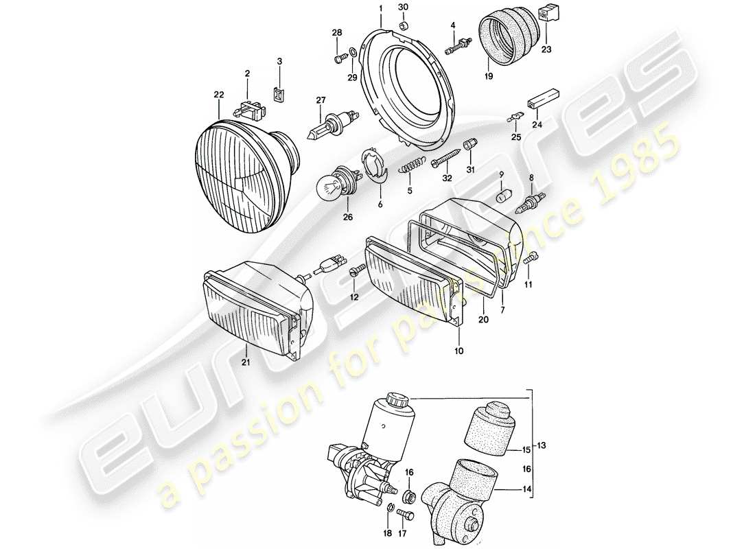 porsche 1984 (944) headlamp - electric motor - pop-up headlight parts diagram