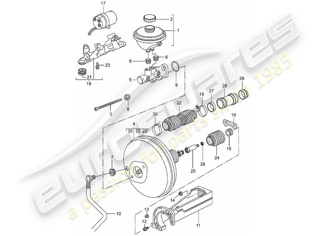 porsche boxster 986 (2001) brake master cylinder - brake booster - clutch pump parts diagram