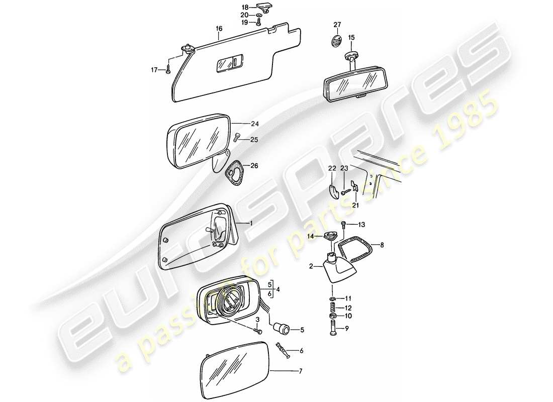porsche 1988 (944) rear-view mirror - sun vizor - rear view mirror part diagram