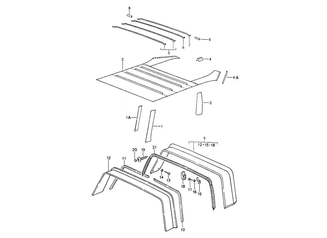 porsche 1994 (964) interior equipment - roof - roll bar parts diagram