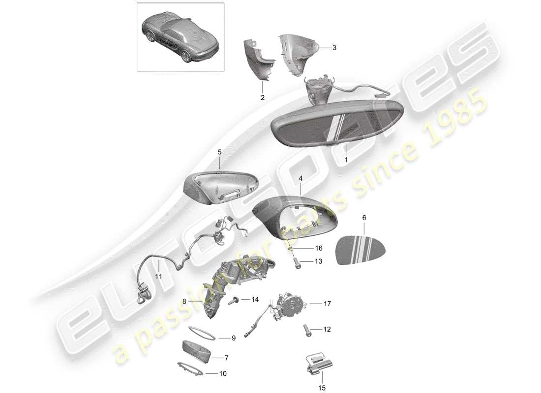 porsche 2012 (981 boxster) rear view mirror inner parts diagram