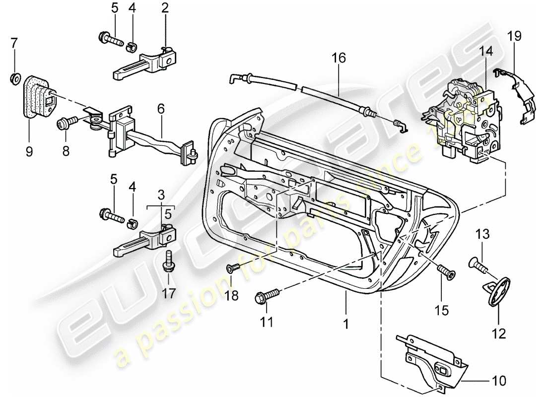 porsche 2005 (996 turbo / gt2) door shell - installation parts - door latch part diagram