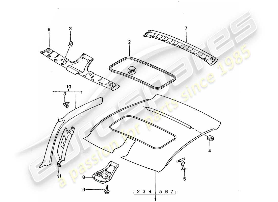 porsche 2001 (996) roof trim panel - a-pillar part diagram
