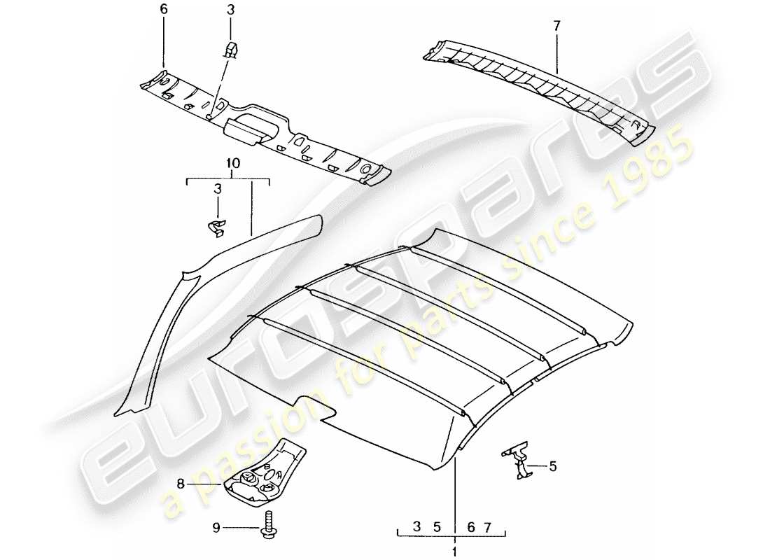 porsche 2002 (996 gt3) roof trim panel part diagram