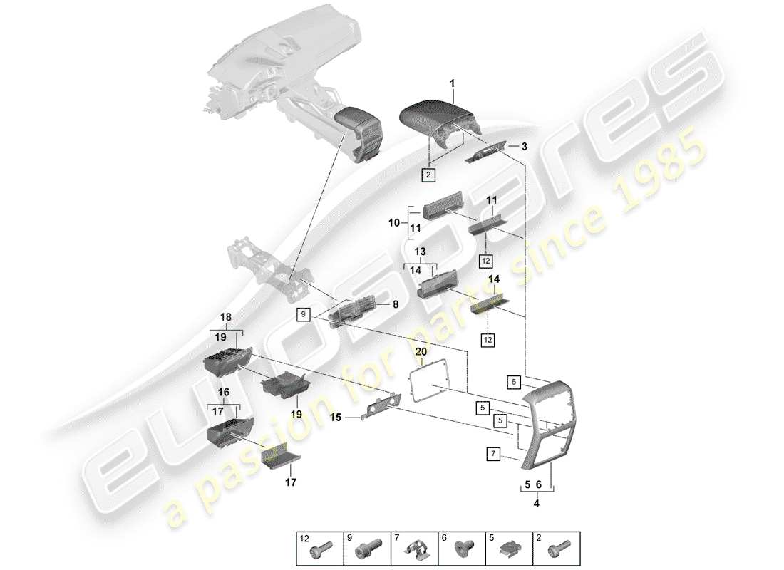 porsche 2018 (cayenne e3 9ya/9yb) center console part diagram