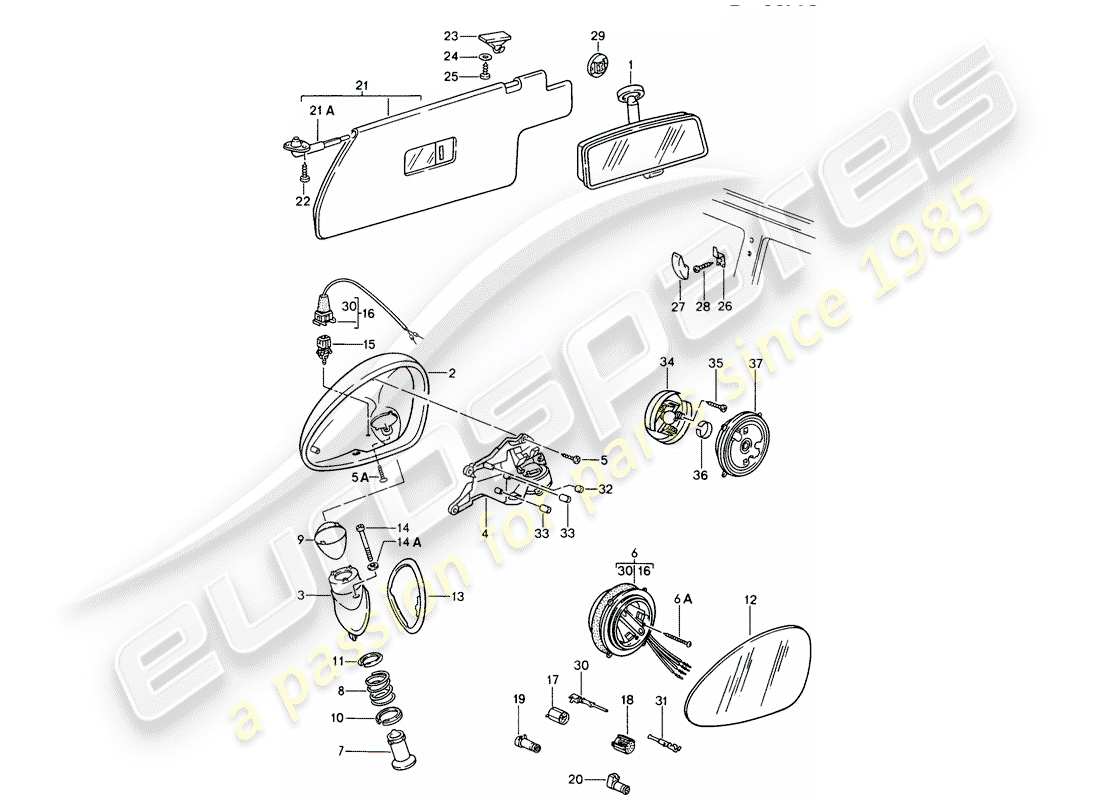 porsche 1994 (968) rear view mirror inner - rear view mirror - sun vizor part diagram