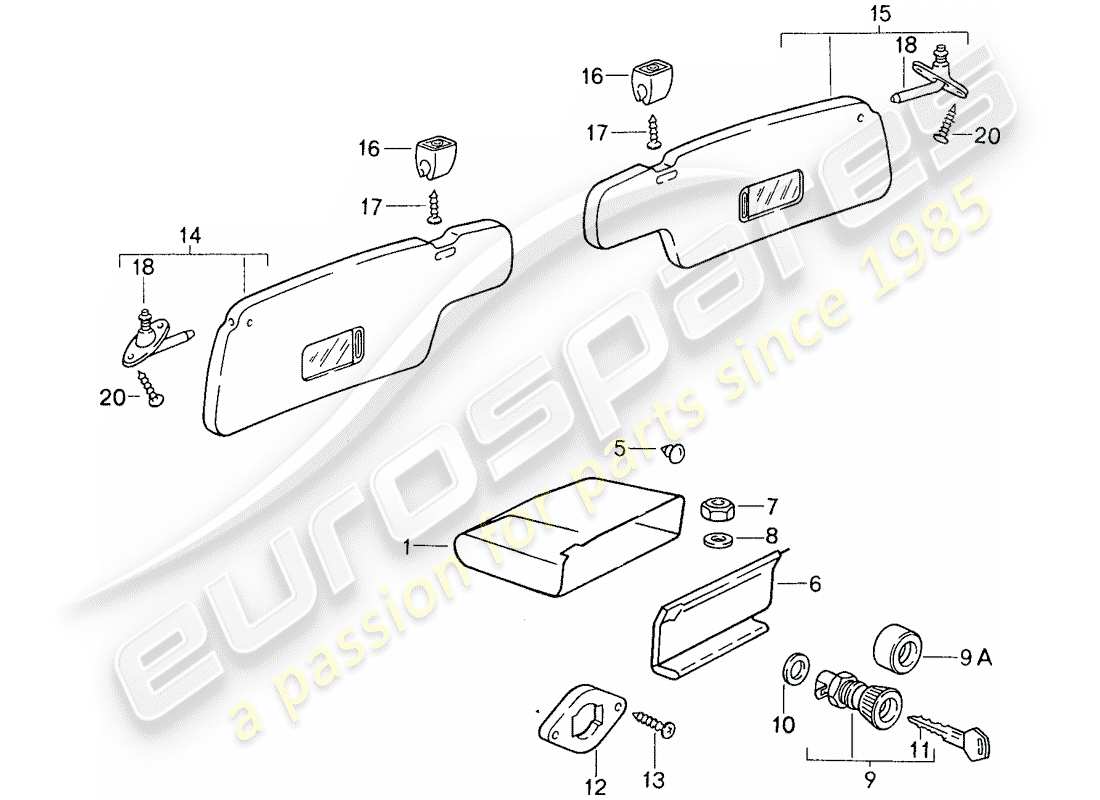 porsche 1987 (959) glove box - sun vizor parts diagram