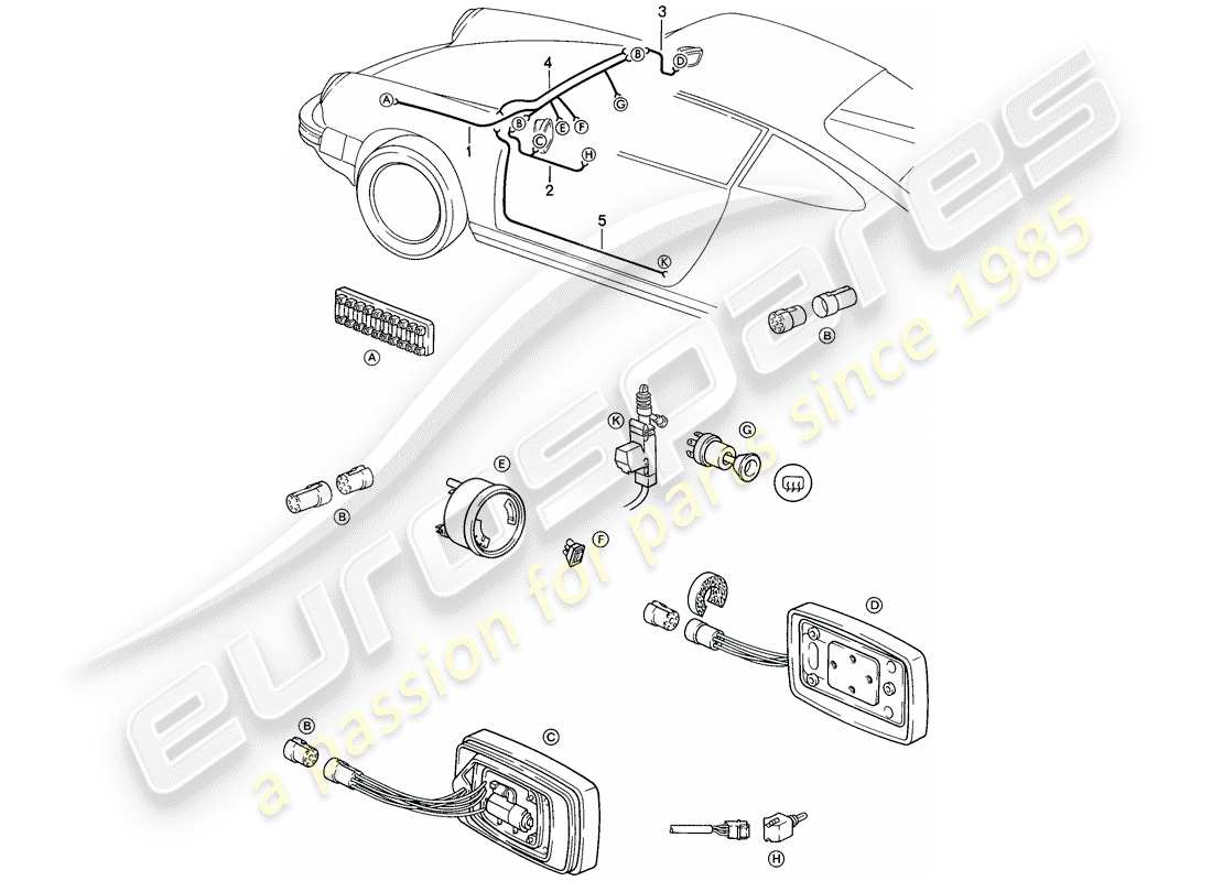 porsche 911 (1986) wiring harnesses - rear view mirror - electrically adjustable - central locking system parts diagram