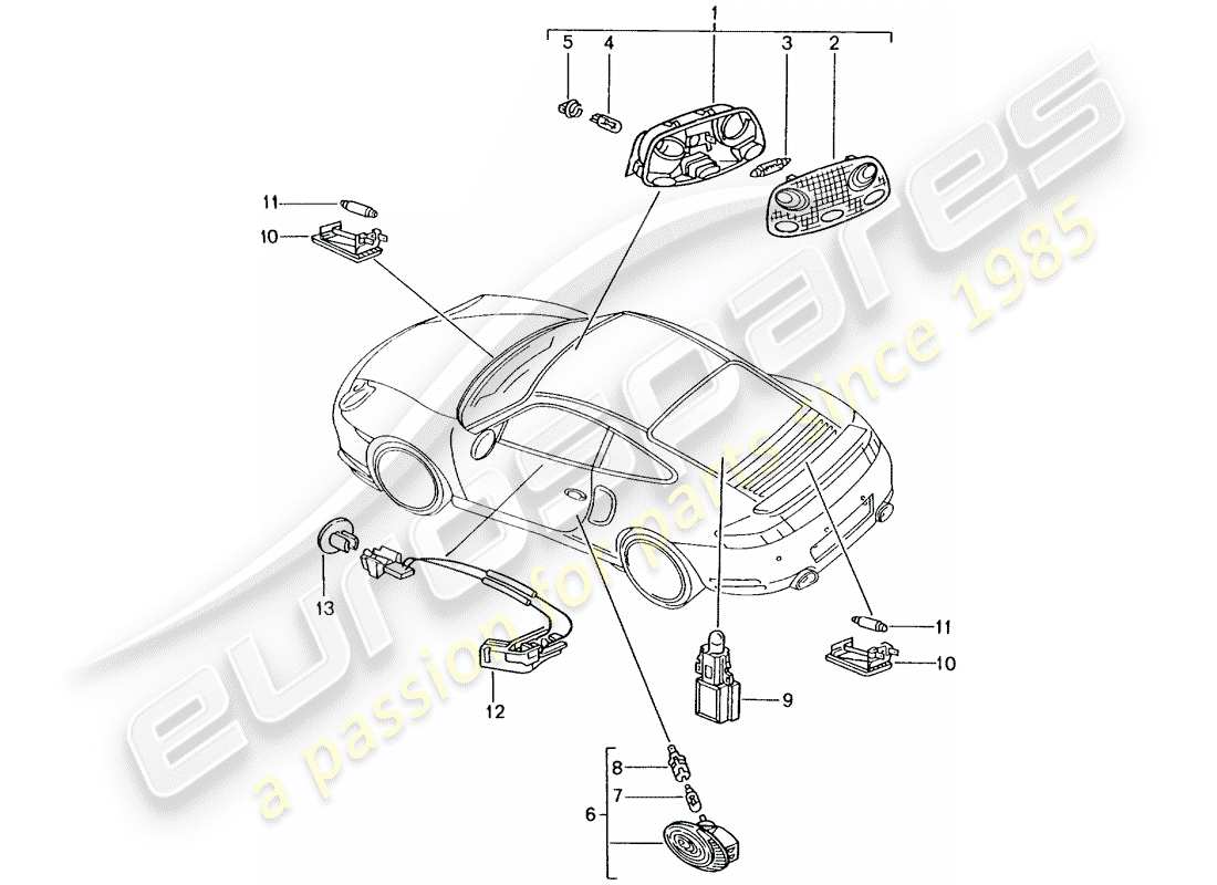 porsche 2001 (996 turbo / gt2) interior light - luggage compartment lamp - engine compartment light - footwell light - glove box light - door handle ilumination - interior release part diagram