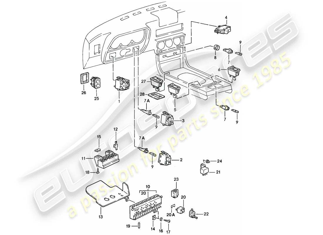 porsche 1984 (944) switch - fuse box - relay parts diagram