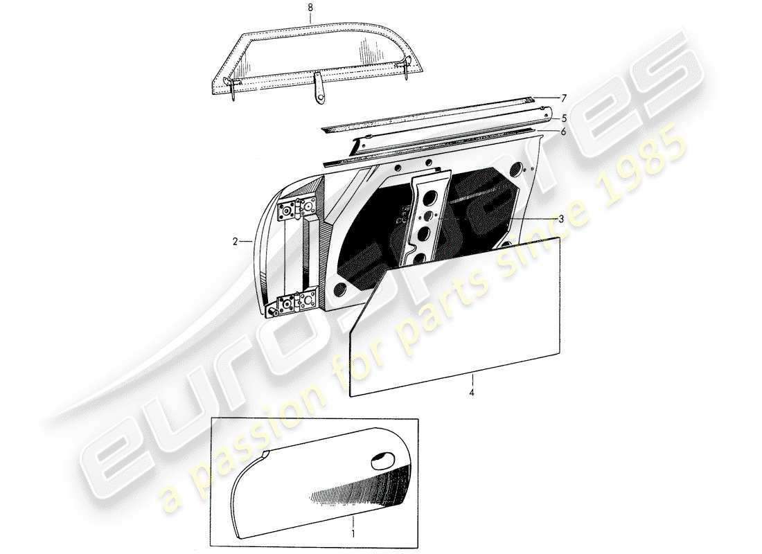 porsche 1951 (356/356a) door - with: - accessories parts diagram